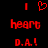 Red pixelated text and symbols on black background: vertical bars, heart outline, 'heart', and 'D.A!' with slight variations between