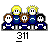 Pixelated group of four figures in blue uniforms with yellow hair, one figure's face changes from white to brown, and one frame shows a black-and-white abstract shape.