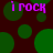 Static image with dark red background, green circles of varying sizes, and purple text reading 'i rock' repeated four times.