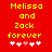 Red background with yellow pixelated text reading "Melissa and Zack forever" above five white hearts, one pink heart in the center.