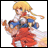Pixelated anime-style character with blonde hair in a ponytail, blue eyes, red and white top, blue shoulder pads, red skirt, holding a brown object, standing against white background.