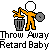Pixelated orange stick figure with white head holds gray circular object, throws yellow item into trash bin across four animation frames.