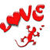 Red pixelated text 'WE' with a heart symbol and a running figure on a white background.