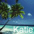 A beach scene with palm trees and blue sky, overlaid with the name 'Katie' in varying colors