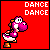 Pixel art of 15 distinct Yoshi characters in various colors, each with 'DANCE DANCE' text above on solid backgrounds