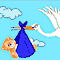 Pixelated cartoon stork carrying blue bundle with orange teddy bear, flying against light blue sky with clouds.