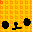 identical black pixelated shapes on a yellow-orange patterned background with scattered red accents