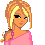 Pixel art contact sheet showing two frames of a female character with blonde hair wearing pink top and blue jeans, plus text "CuTiE" in blue pixel font.