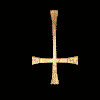 Golden metallic cross and pentagram symbols rotate through multiple angles against a black background, transitioning from upright to side views.