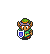 Pixel art character in green tunic and hat with brown hair, holding a sword or shield, surrounded by star effects on gray background.