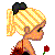 Pixelated cartoon character with blonde ponytail and black hair accessory, holding red rose, next to black high-heeled shoes with rose, red text 'KISS ME YOU FOOL', and red fabric with blue accents.