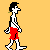 A 5x4 contact sheet of pixel art frames showing a stick figure character in red shorts performing sequential actions including walking, bending over, and urinating on watermelons against an orange background.
