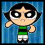 Pixelated cartoon character with large green eyes and black hair in three poses: standing, turning head right, and holding a skateboard against blue striped background.