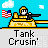 Pixel art tank with yellow body, black cannon, and driver, firing yellow projectiles against blue sky with white clouds and American flag, labeled 'Tank Crusin' below.