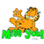 Four animated frames of a cartoon orange cat character with green text on white background, each frame showing slight pose variation in the same running motion.