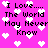 Pixelated text on a bright pink background with scattered white heart shapes, repeating the phrase "I Love... The World May Never Know" in four identical sections.