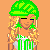 Pixel art contact sheet showing three frames of a green-themed animated character with blonde hair, striped outfit, and green accessories against an orange background.