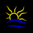 Yellow pixelated sunburst with jagged rays above blue pixelated wave on black background