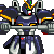 Pixelated mecha character in blue and silver armor with yellow accents, holding a long weapon across its body, displayed in four sequential poses showing arm movement.