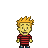 Pixel art character with spiky blonde hair, yellow skin, red striped shirt, and blue pants against gray background.