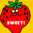 Pixelated red strawberry with green leaves, white eyes, and a smiling mouth on yellow background; text "SWEET!" below.