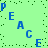 Light green background with scattered dark green dots and blue letters spelling 'PEACE' in multiple orientations.