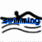 Animated icon shows a swimmer silhouette with wavy lines, text changes from 'swimming' to 'is' then 'LIFE' in blue pixelated font.