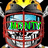 A pixelated character with a helmet and red cage mask displays changing green text over its face.