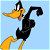 Pixelated cartoon duck character in mid-stride pose against light blue background, yellow beak and legs, black body with white collar detail.