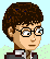 Pixelated character with brown hair and glasses in a school uniform, showing multiple facial expressions against light blue background.