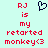 Red pixel text 'RJ is my restarted monkey<3' on light cyan background with dark blue heart symbol above text.
