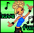 Pixel art of a blonde woman in blue dress and black boots dancing with raised arms against green background, text 'love' and 'fun' visible.
