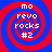 Four identical pixelated spiral icons with red and blue concentric rings, each containing white text reading 'mo revo rocks #2' in a vertical stack.