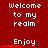 Red background with white pixelated text repeating 'Welcome to my realm' and 'Enjoy', where the word 'Enjoy' has a red underline that changes position across frames.
