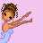 Pixelated image of a ballerina in a light blue dress with brown skin, performing a pose against a pink background with text reading "Baby ballerina".