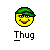 Pixelated yellow smiley face wearing green camouflage cap, red mouth, black outline on gray background with 'Thug' text below.