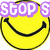 Two yellow smiley faces with black outlines and expressions, one partially obscured by purple text reading "STOP" above it.