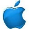 Blue apple-shaped icon with a bite taken out of the right side and a single leaf attached at the top, rendered with smooth gradients and subtle highlights.