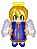 Pixel art angel character with blonde hair, halo, wings, and blue outfit in four animation frames showing mouth expression changes.