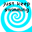 Four identical pixelated display a blue and white spiral background with black text reading "just keep swimming" in a blocky font