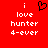 Red background with white pixelated text reading 'i love hunter 4-ever' and a black pixelated heart symbol above the text.