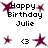 Pixelated birthday icon with 'Happy Birthday Julie' text and purple stars, showing animation variations of star positions and heart symbols.