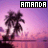 Pixelated sunset scene with palm trees and water reflection, text 'AMANDA' in block letters at top.