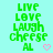 Green pixelated text 'LIVE LOVE LAUGH CHEESE AL' on cyan background with pink heart, two identical frames with no visible motion changes.