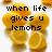 Pixelated yellow lemons and lemon slices with black text on a white background, showing two states of the phrase "when life gives u lemons throw them at people".