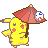 Pixelated yellow Pikachu with red cheeks holds a pink parasol, displaying two distinct facial expressions and arm positions across frames.