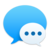 Blue and white speech bubble icon with three dark blue dots inside the smaller bubble, set against a gray background.