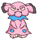 Pixelated pink dog-like creature with yellow polka dots, blue collar, and blue spots on dress, shown in two expressions against gray background.