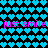 Pixelated blue hearts fill a black background with repeated pink text reading "just smile just smile" in two horizontal bands.