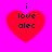 Four red heart-shaped icons with black text "i love alec" on a bright pink background, arranged in a